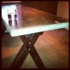 Dining room Concrete table and custom 4x4 base. Inlaid corks. Mattingly Concrete Inc. Indianapolis, Indiana